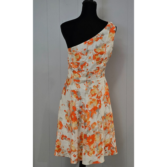 Tahari Arthur S. Levine Floral One‎ Shoulder Dress Orange White Fit & Flare Sz 8 - Picture 5 of 11